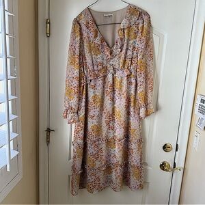June & Hudson Pink Floral Long Sleeve Tiered Ruffle Midi Dress Womens XL